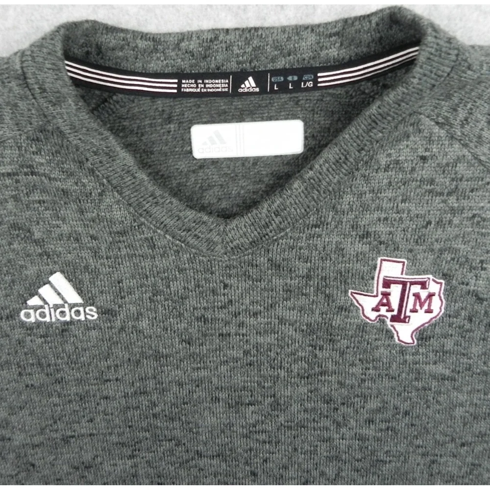 Texas A&M Aggies Sweater Mens Large Adidas Pullover V-Neck Logo Gray Long Sleeve